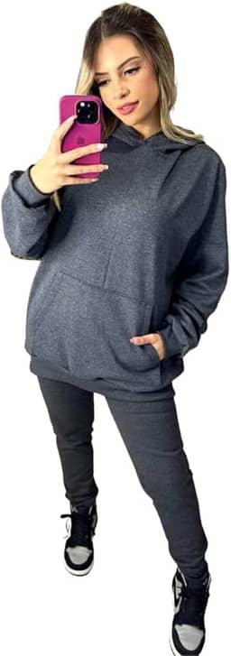Conjunto Feminino Calça De Moletom + Blusa Canguru Com Capuz De Frio Moda E Estilo Fitness Dia A Dia
