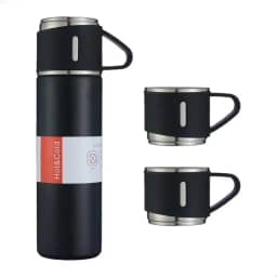 Kit Garrafa Térmica Inox 500ml Com 3 Xícaras Camping, Viagem, Escritório Café Chá Água (Preto)