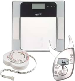Kit Balança Digital Bioimpedância para Peso Corporal, Fita Antropométrica Incluída com índice IMC, Adipômetro Digital, Avalição Corporal