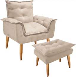 Combo Poltrona Decorativa Opala Deluxe com Puff Suede Bege