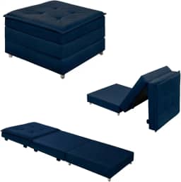 Puff Dobrável 3 em 1 Que Se Transforma em Cama Solteiro Versátil Confortável Com Rodinhas E Bau (Azul)