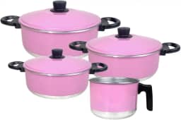 Conjunto de Panelas de Alumínio com 3 Caçarolas e 1 Fervedor (Leiteira) (Rosa)