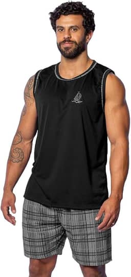 Pijama Masculino Verão, Regata com Short Xadrez Estampado, Conjunto para Dormir