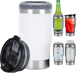 Caneca Porta Latas e Isolador 4 em 1 para Lata Fina e Padrão de 355ml e Long Neck de Cerveja. Copo Térmico de Aço Inoxidável Isolado a Vácuo e Termocooler (Branco)