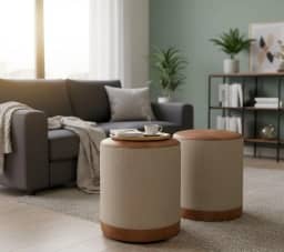 Kit Puff Banqueta Redondo Linho Com Couro 42x34x34 Oreon Luxo Decorativo Retro Vintage Casa Jd Móveis (BEGE COURO MARROM)