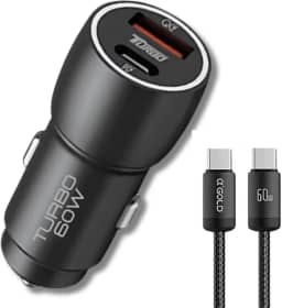 Carregador Veicular Turbo 60W Para Automóvel Carregador de Carro Duas Entradas com Carregamento Super Rápido Cabo USB-C Nylon 60w Premium Compatível Com IOS E ANDROID Compatibilidade Universal
