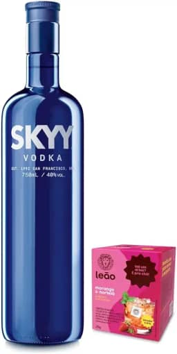 Pack SKYY Vodka 750ml + Caixa de Chá Leão no sabor Morango com Hortelã.