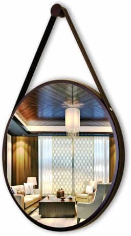 Espelho Adnet 33cm Redondo Decorativo Com Alça Couro Costurado Completo Preto Qualidade Premium.