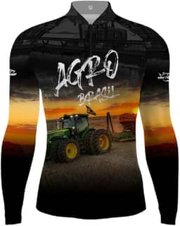 Camiseta de Pesca New Fisher, Manga Longa, Proteção UV, Estampa Agro Brasil com Trator, Preto