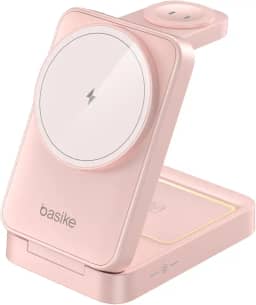 Basike Carregador Sem Fio 3 em 1 Magnético 2025, Estação de Carregamento Portátil com Luz Noturna, Dobrável e Compatível com MagSafe, iPhone 16/15/14/13/12, Apple Watch e AirPod (Ouro rosa)