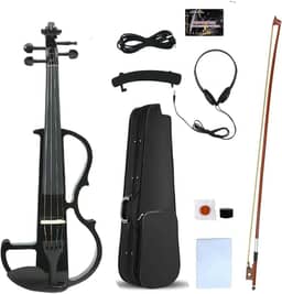 Yinfente Violino elétrico 4/4 tamanho completo silencioso 4 cordas estudante iniciante violino ébano acessórios com estojo laço descanso de ombro cabo de resina fone de ouvido