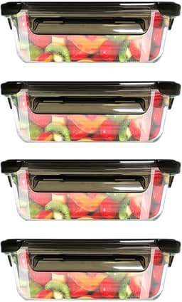 Kit 4 Potes de Vidro Hermético Retangular com Tampa, 680ml - Marmita para Comida com 4 Travas, Organizador Porta Frios e Mantimentos na Geladeira, Vai ao Microondas, Forno e Lava-Louças