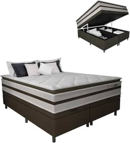 Cama Box Baú Casal King Gazin Colchão Molas Ensacadas Pillow Top Love Story 193x203x71cm Branco/Marrom - Suporta Até 120Kg Por Pessoa