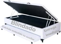 Cama Box Baú Solteiro Blindado C/auxiliar - Super Reforçada (Courino Branco)