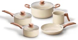 Oikos - Jogo com 5 Panelas Antiaderentes de Revestimento Cerâmica com Tampa de Vidro Terrara Bege com 5 Camadas para Fogão a Gás, Elétricos, Cerâmicos e Halogênio