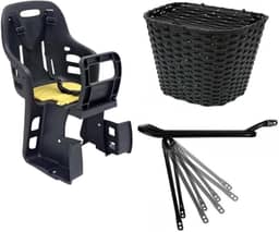 Kit Cadeirinha Infantil Traseira Bicicleta Bike + Bagageiro Garupa Suporte Articulado + Cesta C Tampa Grande Nylon Preta