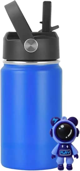 Garrafa Térmica Infantil Inox 350ml com Canudo, Alça e Antivazamento | Acompanha Chaveiro 3D (Azul Escuro)