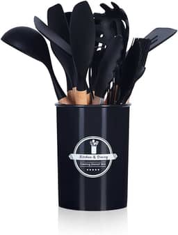 Jogo Utensílios de Cozinha Silicone Cabo de Madeira MM House (Preto)