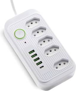 Extensão 5 Tomadas Filtro de Linha Régua de Energia Elétrica Cabo 2 Metros 4 USB e 1 USB-c Bivolt 110-220V Potência de 2500W e Carregamento Inteligente Premium