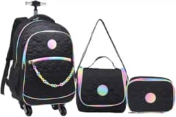 Kit Mochila 20” Escolar Juvenil Estampa Coração 4 Rodinhas 360° Feminino Com Lancheira Térmica E Estojo (PRETO)