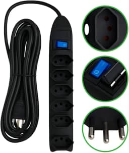 Extensão Elétrica 6 Tomadas com Fusível de Proteção e Interruptor – Cabo 3,0m Bivolt 110/220V, Filtro de Linha Seguro, 10A, Até 2500W – Régua de Tomadas para Casa e Escritório – (Preto)