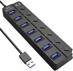 Hub USB 3.0 Com 7 Portas, Botões Individuais, LED, Alta Velocidade (5Gbps) Compatível Com PC Notebook TV Console Mouse PenDrive Teclado Impressora Acabamento Premium