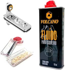 Kit de Fluido Volcano para Isqueiro (133ml), Pedra, Pavio e Vedação Anti-evaporação