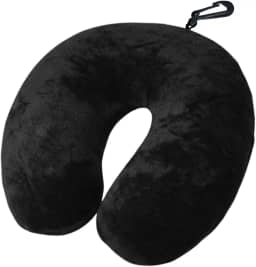 Almofada de Pescoço para Viagem com Enchimento de Silicone Anti-Alérgico, Tecido Fleece Extra Macio, Apoio Cervical Confortável, com Zíper e Mosquetão (Preto)