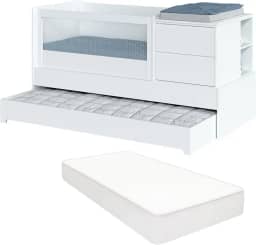 Berço Multifuncional com Cômoda Acoplada e Cama Auxiliar Colchão Padrão Americano Sol e Mar Transformável em Cama de Solteiro e Escrivaninha MDF e Laca UV Divicar (Branco)