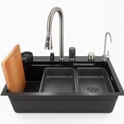 Pia de Cozinha Tipo Cascata de Aço Inoxidável Preto com Estação de Trabalho, Torneira Retrátil e Conjunto Completo de Acessórios Cuba de Aço Inox Polido 80x46