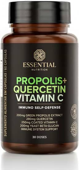 Essential Nutrition Própolis + Quercetina + Vitamina C, 60 Cápsulas, Suplemento para Imunidade com 200mg de Própolis Verde, 280mg Quercetina, 250mg Vitamina C