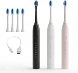 Escova de Dente Elétrica Sônica, 6 Modos, 4 Refis Inclusos, USB, Timer, Prova D'Água IPX7 (BRANCA)
