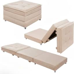 Puff Baú Quadrado MDF Com Rodinhas Vira Cama Colchão Solteiro Confortável e Moderno (Bege)