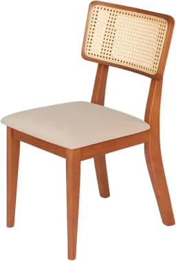 Cadeira de Jantar Madeira Maciça Estofada em Linho Bege Claro Encosto Rattan