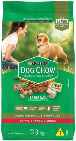 Purina Dog Chow Nestlé Para Cães Filhotes Médios E Grandes Sabor Carne Frango E Arroz Pacote 3Kg