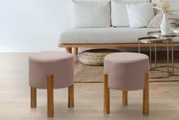 PC Móveis – Kit 2 Puff Redondo Luxo Decorativo em Linho ou Suede – Sala, Quarto e Escritório (Linho, Rosa)