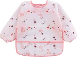 Babador Manga Longa Impermeável Tecido Molinho com Coletor Migalhas Babador Avental Introdução Alimentar Estampa Flamingo