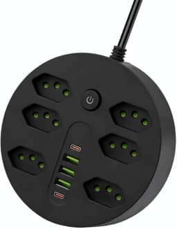 Extensão Tomada, Régua Tomada, Régua de Energia, 6 Tomadas, 3 Interfaces USB, 2 Porta USB Tipo-C, Cabo de Alimentação de 1,9 metros, Suporte a Tensão de 110-220V, Potência de 2500W, Preto (Preto)