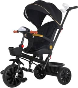 Carrinho Triciclo Multifuncional 2 em 1 Infantil Kidino com Luz e Som, Alça de Empurrar, Cesta e Guarda-Sol