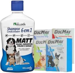 Kit tratamento - Remédio para pulgas, carrapatos, vermes e sarna 4 Comprimidos + Shampoo 6 em 1 (6 a 15kg)