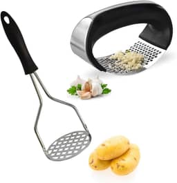 Kit Amassador de Batata e Amassador de Alho Manual – Aço Inoxidável com Alça Ergonômica – Cor Preta