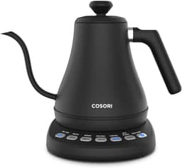 COSORI Chaleira elétrica pescoço de ganso com 5 predefinições variáveis, despeje sobre café, tampa interna e inferior 100% de aço inoxidável, aquecimento rápido de 1200 watts, 0,8L, preto fosco CO108