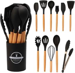 Kit 12 Utensílios De Cozinha Em Silicone E Cabo De Madeira Jogo De Utensílios Resistente ao Calor Antiaderente Premium