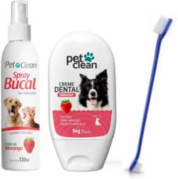 Pet Clean Kit Higiene Bucal, Spray 120ml + Creme Dental 60g, Sabor Morango + Escova de Dente Dupla