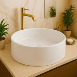 Pia Cuba Para Banheiro Cuba de Sobrepor 35cm Apoio Lavabo Redonda Mármore Sintético Branca