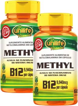 Kit 2 Vitamina B12 Metilcobalamina Alto Teor 9,940mcg 60 Cápsulas Vegano Unilife