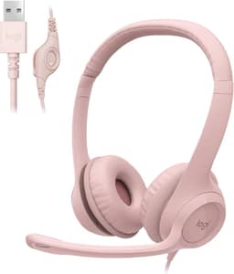 Headset com fio USB Logitech H390 com Almofadas Confortáveis, Controles de Áudio Integrado e Microfone com Redução de Ruído - Rosa