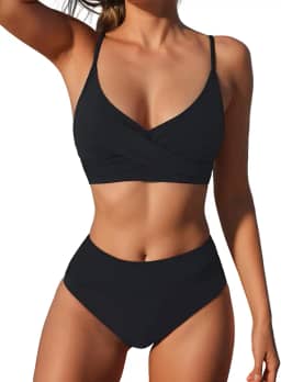 Conjunto de biquíni de cintura alta para mulheres, gola V, roupa de banho para mulheres, controle de barriga, roupa de banho de duas peças