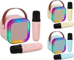 Caixinha de Som de 1 ou 2 Microfone Karaoke Portátil Infantil com Caixa de Som Bluetooth, Luzes LED Dinâmicas, 2 Microfones Sem Fio, Ideal para Festas, Crianças e Adultos (Bege, 2 Microfones)