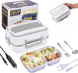 Marmita Elétrica Portátil Veicular de Aço Inoxidável Para Carro Uber Casa Lancheira Térmica 12V, 110V e 220 V (Bivolt) C/ 3 Divisórias Inox (Branco) da Marca Midas®